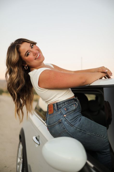 Car poses, girl poses, senior pictures, boise foothills How To Pose With A Truck, Senior Session With Car, Cute Car Poses, Senior Pics With Old Cars, First Car Photoshoot, Senior Car Photoshoot, Senior Car Picture Ideas, How To Pose With Car, Cute Senior Outfits