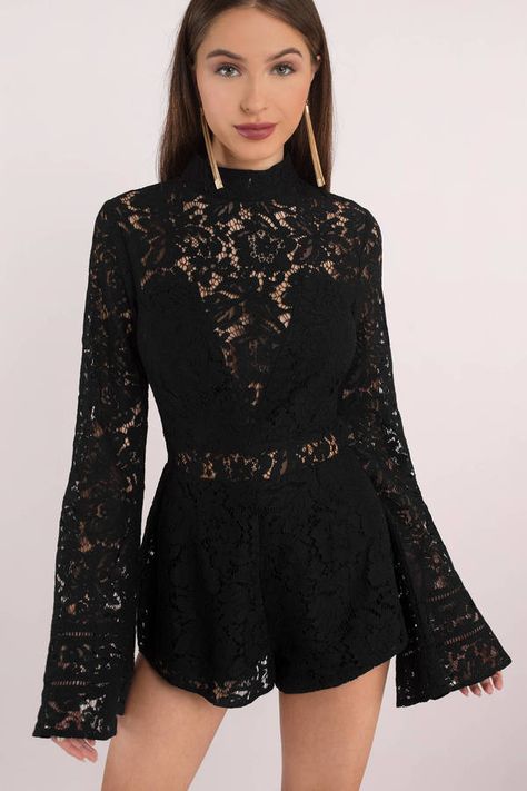 The Wilhemenia Lace Romper is a must have. Featuring a high neck. Pair with booties or espadrilles for a cute look. #shoptobi Jumpsuit Outfit Party Night, Jumpsuit Outfit Party, Jumpsuits For Women Classy, Short Jumpsuit Outfit, Short Jumpsuits For Women, Formal Romper, Daytime Outfits, Black Lace Romper, Romper Designs