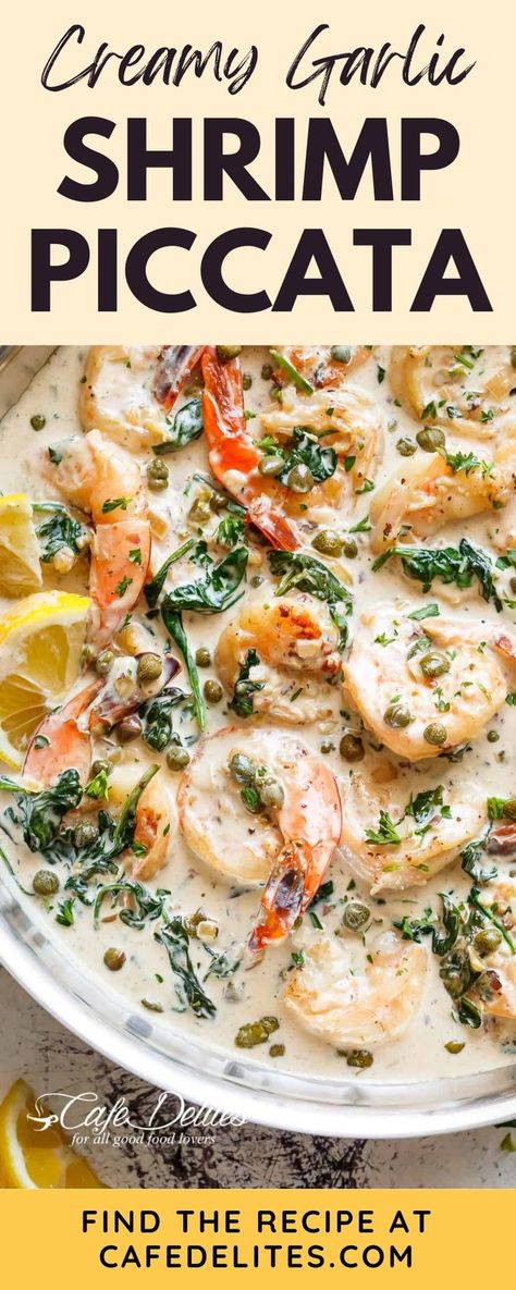 This Creamy Garlic Shrimp Piccata recipe is something special you can make for your Valentine's Day or just any ordinary day that you want to spoil yourself or your loved ones. The garlic butter shrimp is coated in a rustic creamy garlic parmesan sauce with a hint of lemon, capers, and spinach! Serve over rice, pasta, or with garlic bread! Shrimp Pasta With Capers, Easter Shrimp Recipes, Shrimp Capers Pasta, Shrimp Piccata Recipes, Shrimp With Lemon Caper Sauce, Lemon Garlic Shrimp Pasta With Spinach, Shrimp And Capers Pasta, Lemon Caper Shrimp Pasta, Shrimp Capers Lemon Pasta