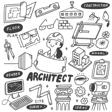 Set of architect equipment doodles | Premium Vector #Freepik #vector #build-house #home-builder #architect #builder Engineering Doodle Art, Architect Doodle, Architecture Doodle, Logo Architecture, Realistic Sketch, Logo Design Inspiration Creative, Architect Drawing, Architecture Life, Architecture Design Sketch