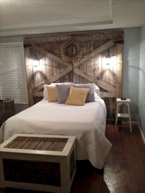 15 Fantastic Farmhouse Master Bedroom Ideas ~ Matchness.com Door Bed Frame, Wood Headboards, Barnwood Headboard, Bedroom Lighting Diy, Rustic Wood Headboard, Diy Wood Headboard, Farmhouse Bedroom Furniture, Headboard Bedroom, Headboard Diy