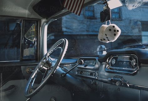 Fuzzy Dice Car Aesthetic, Vintage Car Dashboard, Car Dice Aesthetic, Dice Photography, Americana Photography, Car Dice, Fuzzy Dice, Americana Aesthetic, Texture Photography