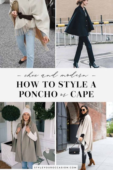 Open Poncho Outfit, Grey Poncho Outfit, White Poncho Outfit, Sweater Poncho Outfit, Black Poncho Outfit, Cape Outfits For Women, Pancho Outfit, Poncho Outfit Winter, How To Wear Poncho