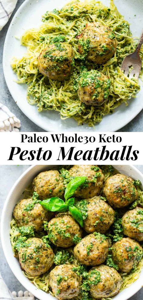 These pesto chicken meatballs are loaded with flavor, easy to make and packed with protein and healthy fats.  A great weeknight meal served over spaghetti squash or zucchini noodles, they’re Paleo, Whole30 compliant and keto friendly too! #Paleo #whole30 #keto #lowcarb #pesto Paleo Pesto Recipe, Scallop Spaghetti, Keto Pesto, Pesto Meatballs, Paleo Pesto, Meatballs Chicken, Meatballs Baked, Baked Broccoli, Baked Pesto Chicken