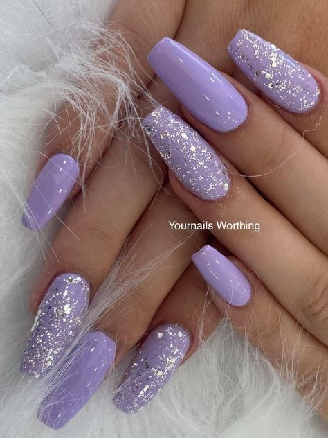 Lilac Nails For Prom, Lavender Wedding Nails Bridesmaid, Lavender Nail Design Ideas, Lilac Sparkle Nails, Purple Gel X Nails, Lilac Prom Nails, Lavender And Silver Nails, Purple And Glitter Nails, Glittery Purple Nails