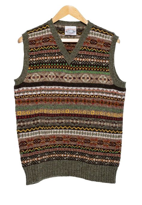 MensShetland Fair Isle  Slipover Brown Fair Isle Slipover, Fair Isle Vest, Chanel Bag Classic, Jacquard Knitting, Colorwork Knitting Patterns, Vintage Fair Isle, Shetland Sheep, Knit Jacquard, Mens Fashion Sweaters