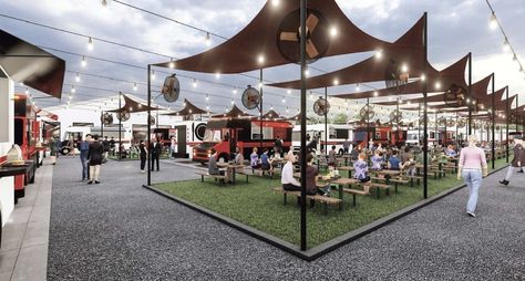 Comida Park Food Truck Area Design, Food Truck Plaza Design, Food Truck Park Ideas, Food Truck Park Design Ideas, Food Park Design Ideas, Pyramid Project, Outdoor Eating Spaces, Food Truck Park, Sitting Area Design