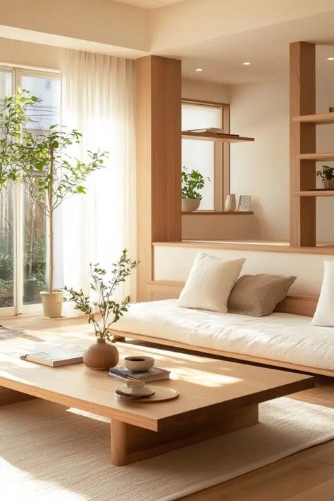 Danish Japanese Interior, Small Space Japandi, Living Room Designs Japandi, Japandi Furniture Design, Japandi Home Design, Japandi Studio Apartment, Japanese Minimalist Interior, Ikea Japandi, Japanese Modern Interior