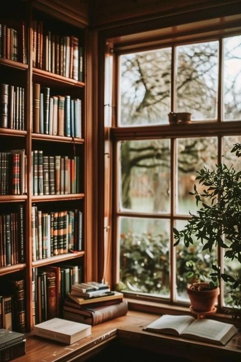 Creative Bookshelves Around Windows Ideas Bookshelf Next To Window, Bookshelves Over Window, Bookshelf By Window, Bookshelves Around Windows, Shelves Above Windows, Shelves Around Window, Small Library Design, Sofa Scandinavian Style, Small Bookshelves