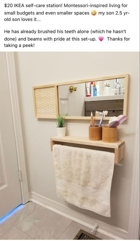 Diy Montessori Dressing Area, Montessori Self Care Station Bedroom, Montesorri Bathroom Ikea, Entryway Montessori, Montessori Get Ready Station, Montessori Entryway Ideas, Montessori Dressing Station, Montessori Hallway, Montessori Bad