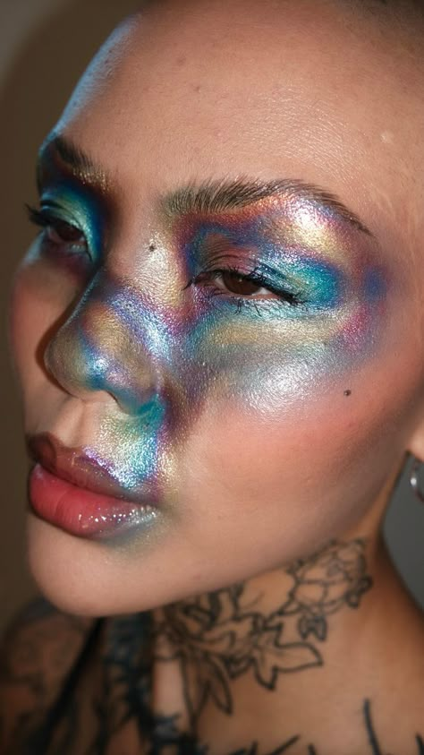 Mei Pang on Reels | Cults · Gilded Lily (Sped Up) Oil Spill Makeup, Mei Pang Makeup, Water Makeup Look, Water Makeup Looks, Fade Into Hue Palette, Suit Tutorial, Science Makeup, Fade Into Hue, Billie Concert