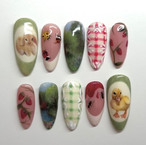 🌿🐇 𝐒𝐏𝐑𝐈𝐍𝐆 𝐏𝐈𝐂𝐍𝐈𝐂 🌷🦆 I dreamt of this set last month… it’s nice to see it in reality #nails #nailsnailsnails #nailart #nailsofinstagram #bunnynailart #bunny #nature #cottagecore #pressonnails #pressons #smallbusiness #naildesign #ducknails #art #themanicurecompany Picnic Nail Art, Gingham Nail Art, Nail Art Bunny, Nature Nail Art, Gingham Nails, Picnic Nails, Cottagecore Nails, Bunny Nature, Picnic Gingham