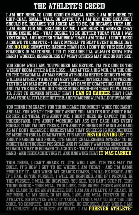 the athlete's creed Athletes Prayer, Best Sports Quotes, Track Quotes, Athlete Motivation, Athlete Quotes, Salford City, Gymnastics Quotes, Softball Quotes, Volleyball Quotes