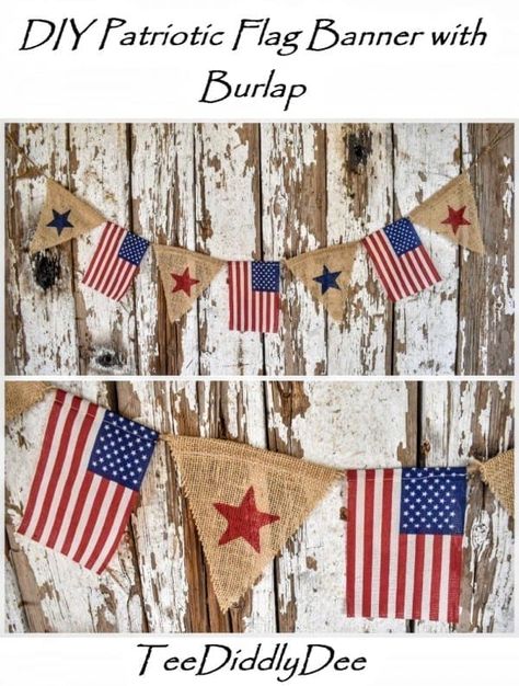 This DIY Patriotic American Flag Banner with Burlap is so easy and fast to make and looks adorable draped across the front of your hutch! American Flag Banner, American Flag Crafts, Patriotic Garland, Patriotic Banner, Patriotic Diy, Rustic American Flag, American Flag Decor, Burlap Garden Flags, 4th Of July Crafts