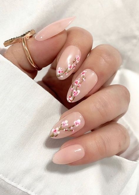 Cherry Blossom Nails Design, Cherry Blossom Nails Art, Cherry Blossom Nails, Festive Nail Designs, Floral Nail Designs, Cute Nail Art Designs, Almond Nails Designs, Nails Spring, Spring Nail Art