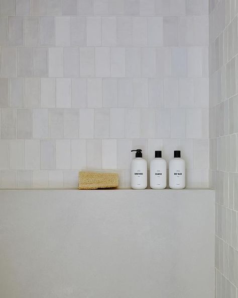 Modern Craftsman Bathroom, Shower Ledge, Shower Wall Tiles, Shower Design Ideas, Modern Shower Design, Collective Studio, White Tile Shower, Ceiling Shower Head, Pure Salt Interiors