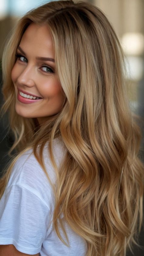 Transform your look with stunning honey blonde hair color variations - golden dark bright and light Discover inspiration for men's hairstyles braids short cuts brown curls and more Embrace the aesthetic of balayage for your next style inspo Brown With Gold Highlights, Honey Blonde Long Hair, Dark Blonde Honey Hair, Golden Blonde Balayage Honey, Honey Blonde Balayage Long Hair, Golden Blonde With Lowlights, Honey Blonde Shadow Root, Light Bronze Hair, Honey Blonde Balayage Caramel