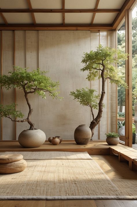 Japandi Foyer Entrance, Japandi Plants Decor, Bonsai Tree Living Room, Zen Living Room Ideas Japanese, Indoor Trees Architecture, Japanese Inspired Interior Design, Japanese Zen Living Room, Japanese Style Living Room Ideas, Indoor Zen Garden Ideas