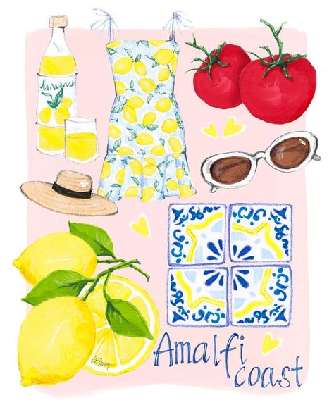 🍋Amalfi Coast🍋 . . . . . #amalficoast #lemontree #limoncello #fashionillustration Almafi Coast Italy, Amalfi Coast Beaches, Italy Illustration, Amalfi Coast Positano, Learning Graphic Design, Pinturas Disney, Photo Wall Collage, Amalfi Coast, Beach Art