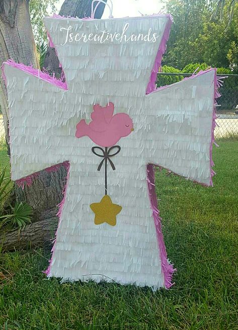 Baptism Cross Piñata Baptism Party Decorations, First Communion Decorations, Communion Decorations, Jungle Theme Birthday, Mini Pinatas, Diy Pinata, Baptism Party, First Communion, Burritos