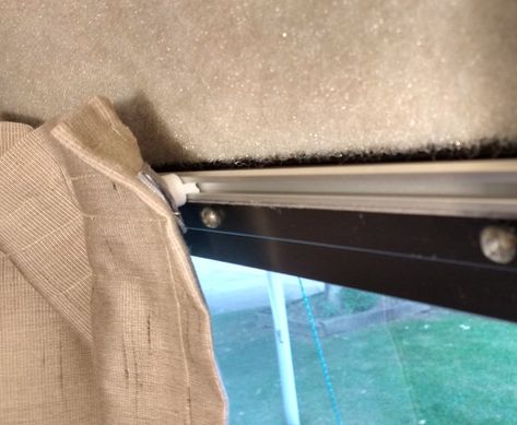 Curtain Tracks instead of rods, no holes in shell! - Fiberglass RV Rv Curtain Rods, Rv Privacy Curtain Ideas, Rv Window Coverings Ideas, Rv Curtain Ideas, Rv Window Coverings, Trailer Curtains, Curtains Around Bed, Sliding Door Shades, Toy Hauler Conversion