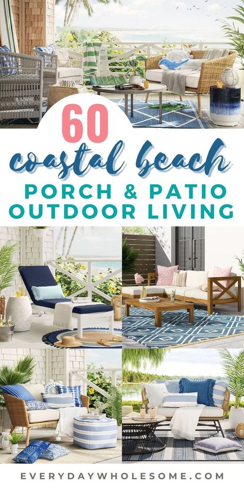 Coastal outdoor patio ideas to inspire your decor for your outdoor backyard living summer patio & front porch decor. Beach coastal decor, beach house decor, coastal home, coastal exteriors outdoor living ideas, modern coastal home or coastal farmhouse decor for your outdoor coastal living room or outdoor coastal farmhouse kitchen. patio decorating ideas, backyard patio design, deck decorating,  backyard patio designs and makeovers, small Coastal Front Porch Ideas, Coastal Porch Decor, Coastal Exteriors, Coastal Patio Ideas, Outdoor Coastal Decor, Decorating Backyard, Coastal Outdoor Living, Patio Color Schemes, Lanai Decorating