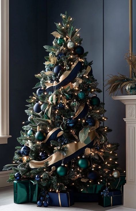 Emerald Green And Navy Blue Christmas Decor, Christmas Tree Green And Blue, Blue Green Gold White Christmas Tree, Wine Christmas Tree Theme, Christmas Tree Ideas For Green Tree, Blue Green Copper Christmas Tree, Christmas Decor Ideas Navy Blue, Teal Green Christmas Tree, Christmas Tree Color Schemes Blue