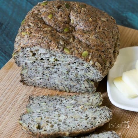 Low carb pumpkin sunflower seed psyllium bread Psyllium Bread, Psyllium Husk Recipe, Sunflower Seed Bread, Low Carb Cereal, No Carb Bread, Low Carb Pork, Pumpkin Sunflower, Lowest Carb Bread Recipe, Seed Bread