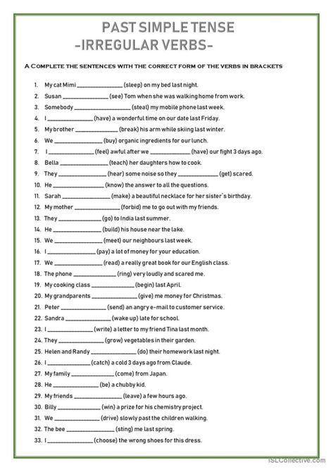 Worksheet contains gaps filling exercise with irregular verbs that will help students pracise afirmitive form of irregular verbs in Past Simple Tense. There are 33 sentences in total. Past Simple Tense, Past Tense Worksheet, Irregular Past Tense Verbs, Irregular Past Tense, English Grammar Exercises, Simple Past Tense, Past Simple, Grammar Exercises, English Exercises