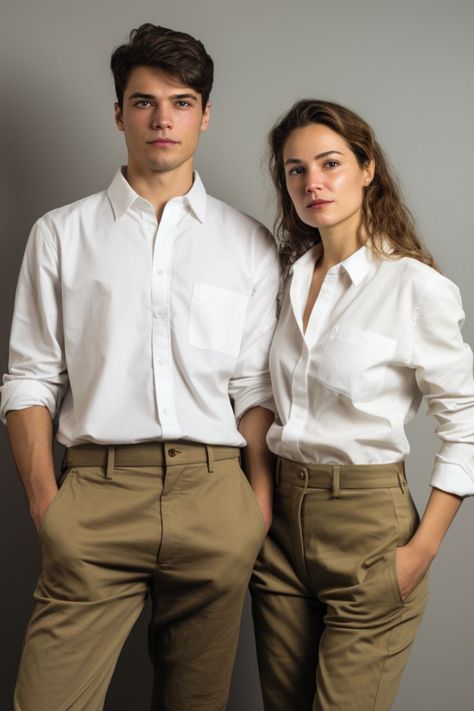 Crisp White Shirt with Khaki Pants Khaki And White Outfits, Classy Outfits Men, White Shirt Men, Khaki Pants Men, Crisp White Shirt, Stylish Outfit, Men Fashion Casual Outfits, Couple Outfits, Pants Men