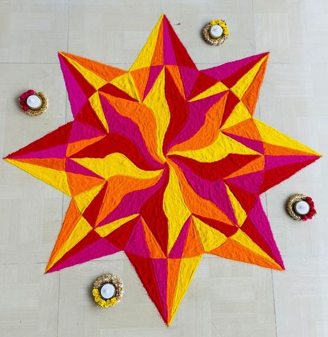 Colourful geometrical circle rangoli with some freehand design, with warm colours pink, orange, yellow and red. Diwali 3d Rangoli, New 3d Rangoli Designs Creativity, 3d Rangoli Designs Creativity, Geometric Rangoli Designs, 3d Rangoli Designs, Big Rangoli Designs Creativity, Pattern Rangoli, 3d Kolam, Rangoli Big