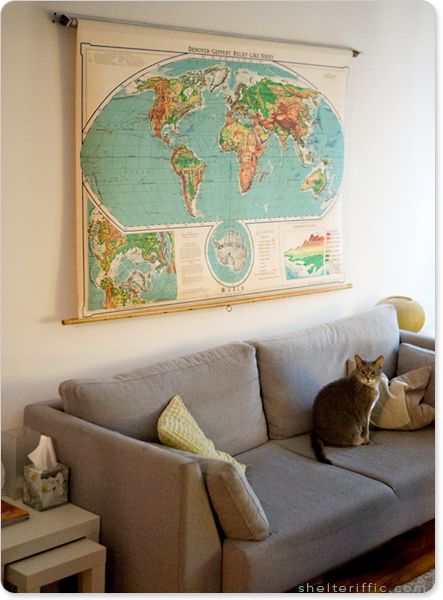 Maps in Home Decor - Vintage Classroom Map - www.AFriendAfar.com - A Friend Afar Living Room Map Decor, Maps On Wall, Map On Wall, Vintage Paris Map, Vintage Classroom, Hide Tv, Classroom Map, Deco Tv, Pull Down Map