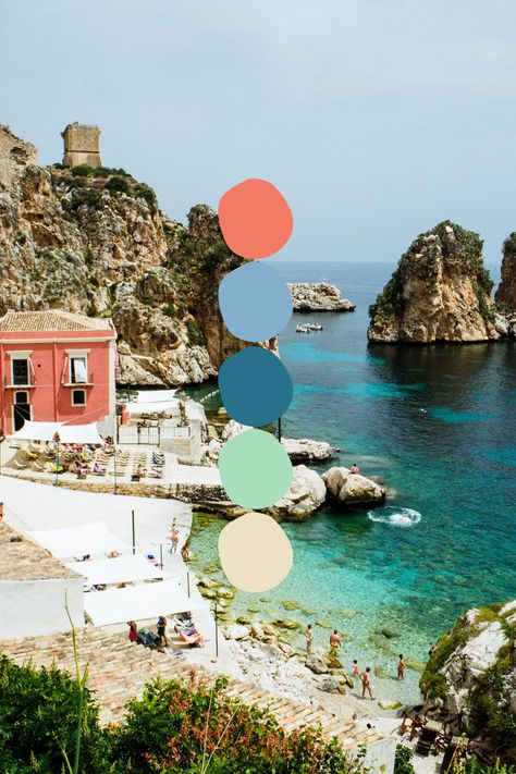 Beautiful colour palette inspired by a photograph of Tonnara di Scopello, Sicily, Italy by @nattyflo on Unsplash #colorinspo #colorpalette #summer #italy #branding #homedecor #beach Italian Color Palette Interior Design, Mamma Mia Colour Palette, Italian Colors Palette, Mediterranean Color Pallet, Wedding Color Schemes Italy, Capri Color Palette, Sicily Color Palette, Sicilian Color Palette, Beach House Colour Palette