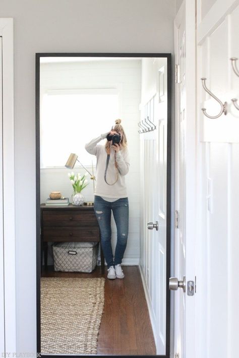 Add a full length mirror behind your door for an easy way bring some light into your bedroom. Plus it's a good and secret spot to take a look at yourself before heading out the door! Door Mirror Ideas, Over The Door Mirror, Over The Door Hooks, Picture Frame Decor, Door Hooks, Door Makeover, Bedroom Mirror, Diy Mirror, Bedroom Doors