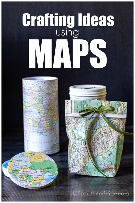 Come see several fun crafts with maps that you can print out and create yourself. Great for gift giving and creating a little beauty for your own home. Crafts With Maps, Map Crafts For Kids, Using Maps In Art, Old Map Crafts, Crafts With Old Maps, Old Maps Crafts, Craft Ideas Using Old Maps, Map Diy Projects, Diy Map Art