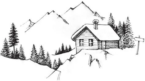 Cabin In Winter, Mountains Illustration, Landscape Vector Illustration, Mountain Sketch, Landscape Pencil Drawings, Landscape Vector, Wood Cabin, Realistic Sketch, Mountain Drawing