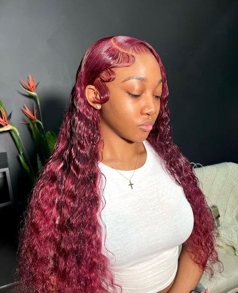 Burgundy Water Wave Wig Hairstyles, Burgundy Deep Wave Wig Styles, Wet And Wavy Wig Styles, Burgundy Wet And Wavy Wig, Red Wig With Crimps, Burgundy Crimped Hair, Red Crimped Wig, Water Wave Burgundy Wig, Burgundy Deep Wave Wig