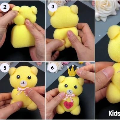 DIY Wash Sponge Teddy Craft Step By... - Kids Art & Craft Sponge Teddy Bear Craft, Teddy Craft, Sponge Crafts, Dragon Fly Craft, Fly Craft, Doll Making Patterns, Doll Making Cloth, Doll Making Tutorials, Sock Doll