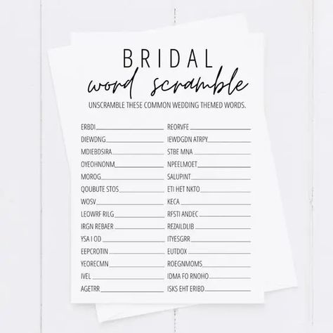 17 Unique and Interactive Bridal Shower Game Ideas - Party & Beyond! Maid Of Honor Duties Checklist, Wedding Word Scramble, Bridal Shower Word Scramble, Bridal Shower Games Free Printables, Bridal Shower Game Ideas, Bridal Word Scramble, Maid Of Honor Duties, Unique Bridal Shower Themes, Bridal Shower Games Prizes