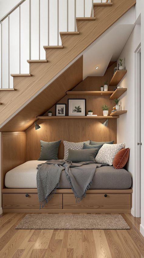 Tiny Bedroom Decor Under Stairs Cosy Nook, Under Stair Bedroom, Staircase Nook Ideas, Tiny Bedroom Decor Ideas, Under Stairs Reading Nook, Tiny Bedroom Decor, Cozy Loft Bedroom, Stair Box In Bedroom, Desk Under Stairs