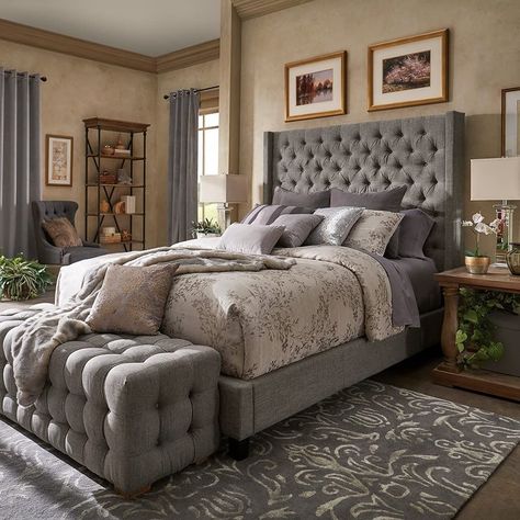 Grey And Beige Bedroom Furniture, Grey Tufted Sleigh Bed, Espresso Bed Frame Master Bedrooms, Master Bedrooms With Gray Furniture, Bedroom Furniture Glam, New Bed Set Master Bedrooms, High Headboard Bed, High Headboard Beds, High Headboard