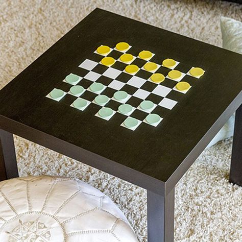 Use masking tape and paint to create a DIY checkerboard game table. Giant Jenga Game, Vienna House, Checkerboard Table, Living Apartment, Psychologist Office, Lack Table, Make Your Own Game, Table Ikea, Ikea Lack