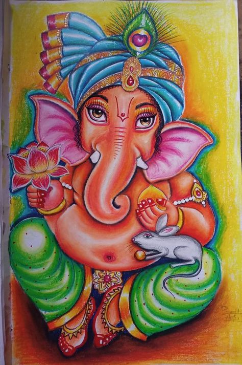 Prosenjit arts Pastel Colour Drawing Ideas, Ganpati Art, Marriage Art, God Drawing, God Painting, Painting Indian, Ganesha Drawing, Ganesh Art Paintings, Buddha Art Painting