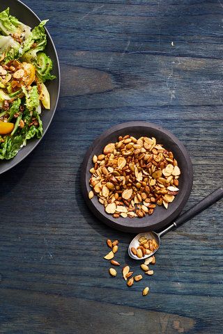 Spicy Almond-and-Seed Salad Topper; Real Simple, August 2019 Noodle Salads, Shelled Pumpkin Seeds, Avocado Toasts, Spicy Almonds, Seed Salad, Super Salads, Salad Toppers, Work Lunches, Diy Cooking