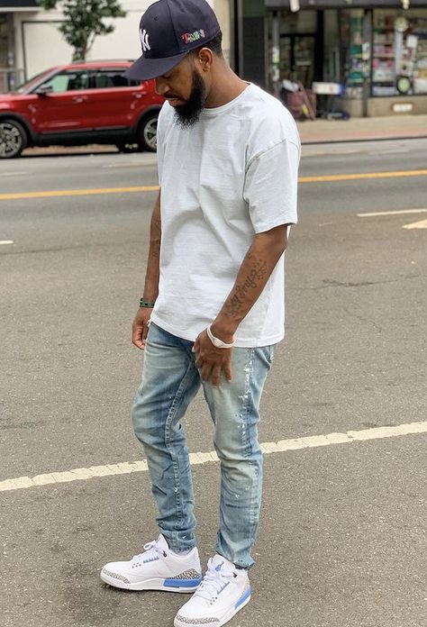 Jordan 3 On Feet Men, Jordan 3 Unc Outfit Men, Aj Outfit, Streetwear Outfit Men, Chill Outfit, Guy Fashion, Streetwear Outfit Ideas, Outfit Retro, Drip Outfit Men