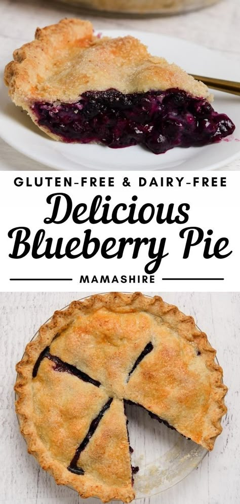 Two pictures - top picture is a slice of blueberry pie on a white dessert plate and the bottom picture is a whole blueberry with one slice cut out. Gluten Free Blueberry Pie Recipe, Gf Blueberry Pie, Gluten Free Blueberry Pie, Restaurant Starters, Gf Pastries, Gluten Free Pies Recipes, Dairy Free Pies, Sugar Free Pie, Gf Treats