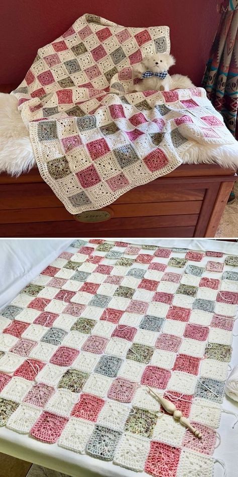 Granny Square Blanket Pattern Layout, Crochet Blanket Patterns Free Squares, Crotchet Blankets Granny Square, Grant Square Blanket, Granny Square Blanket Patterns, Battenburg Blanket, Grammy Square Blanket, Battenburg Crochet Blanket Pattern, Crochet Random Granny Square Blanket