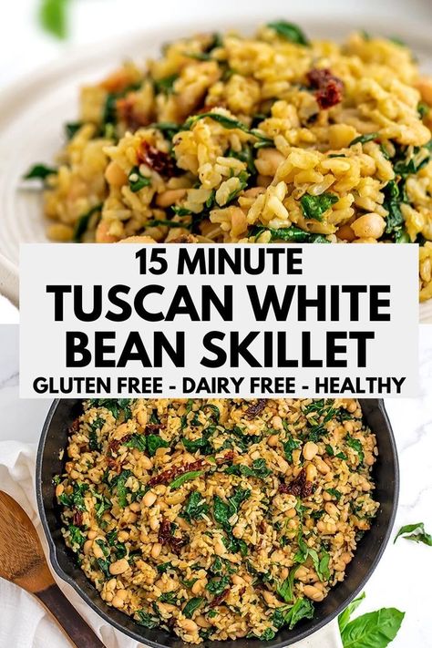 Tuscan White Bean Skillet - Vegan, Plant Based, Gluten Free, Dairy Free, Quick - ready in 15 minutes this healthy italian white bean skillet is made with leftover rice and is so easy! Perfect for a quick weeknight meal or leftovers for lunch, this flavorful rice and bean skillet is also great for meal prep! Bean Skillet Recipes, Bean Dinners Healthy, Whole Food Bean Recipes, Lentil Beans And Rice, Breakfast Rice And Beans, Plant Based Rice Recipes, White Bean Dinner Recipes, Paleo Bean Recipes, Vegan Bean And Rice Recipes