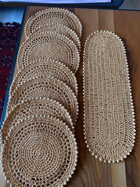 Set of 6 Placemats with Runner, Jute Placemat Round, Raffia Table Runner Set, Beaded Placemat, Table decor Mats, Rustic Placemats Place Mats Ideas Dining Rooms, Placemats Ideas Dining Rooms, Raffia Placemat, Raffia Table, Rattan Placemat, Rustic Placemats, Crochet Table Mat, Bead Matted, Dining Table Runners