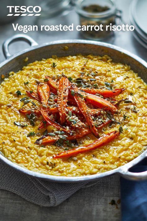 You'll love how rich and creamy this vegan risotto recipe is, despite being completely dairy-free. Thickened with a sweet carrot purée, the risotto is healthy, colourful and bursting with flavour. | Tesco Carrot Risotto Recipes, Rissoto Recipes Vegan, Vegan Rissoto Recipe, Vegan Rissoto, Vegan Risotto Recipes, Vegan Carrot Recipes, Carrot Recipes Healthy, Colourful Recipes, Carrot Risotto